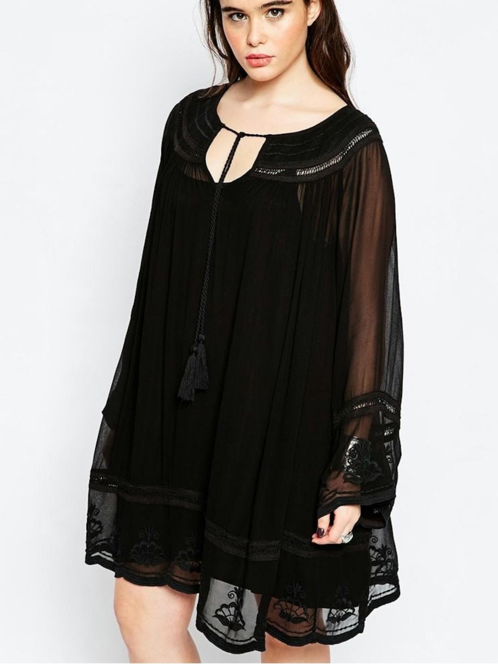 ASOS Black Sheer Boho Embroidered Tie-Detail Mini Swing Dress